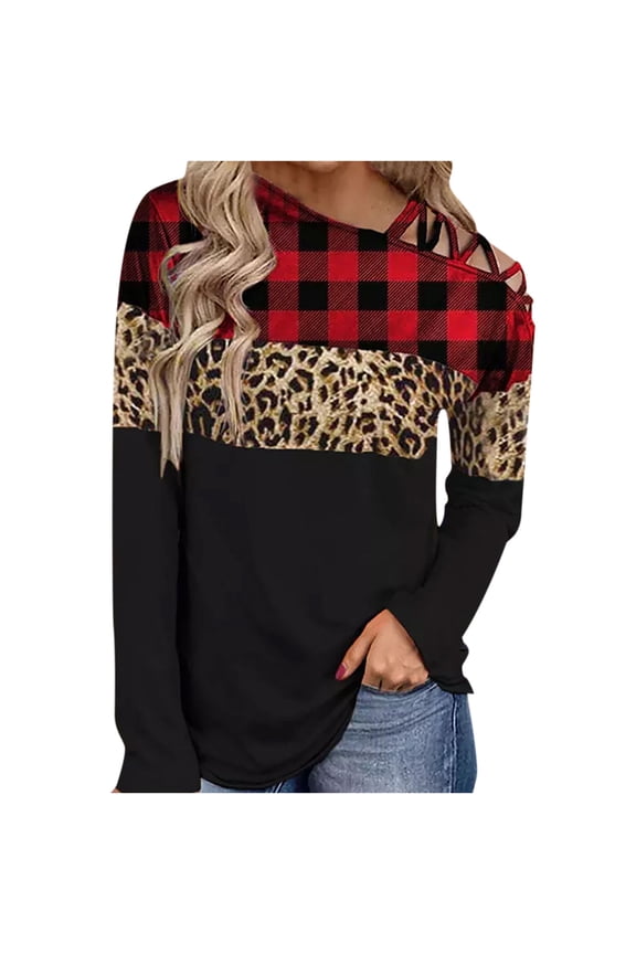 Womens Spring Fashion Women Long Sleeves Shoulder Off-the-shoulder Cross Strap Plaid Color Block Tops Leopard Print Blouse Tunic Tops