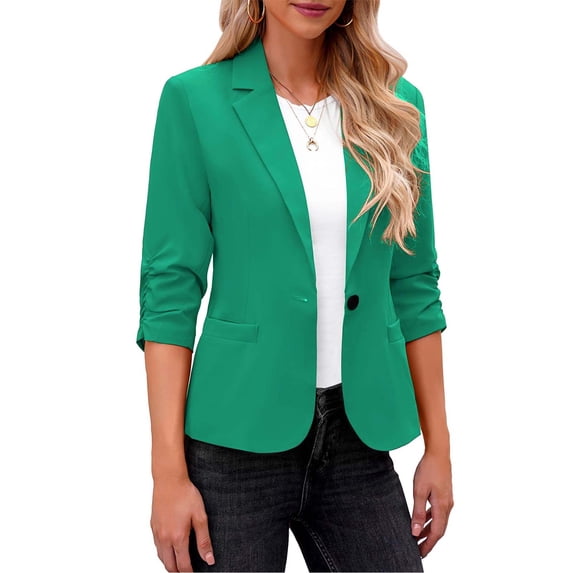hoksml Womens Suit Coat Jacket Casual Business Solid Color Work Office Coat 3/4 Sleeves Pleated Cuffs Single Button Suit Collar Tops