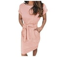 thumbnail image 1 of hoksml Womens Summer Solid Dresses,Women Casual Crewneck Straps Short Sleeve Striped Loose Dress, 1 of 5