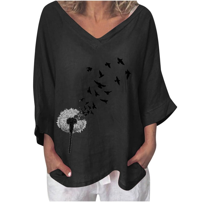 hoksml Womens Top Summer V-Neck Fashion Print Shirt 3/4 Sleeve Floral  Blouse Tops on Clearance 