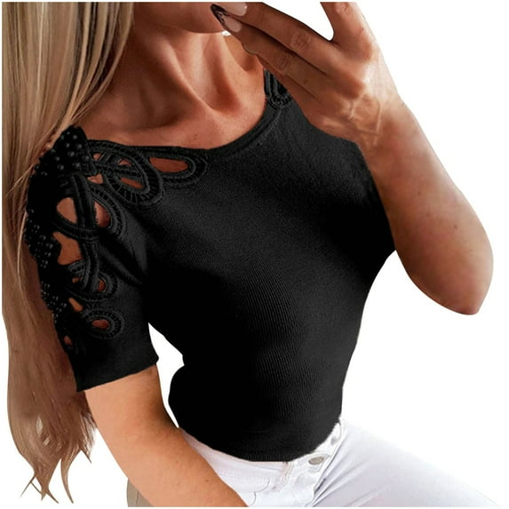 hoksml Womens Tops Clearance! Fashion Women's T-shirt Short-sleeved Solid Color Sexy Hollow Shoulder And Lace Slim-fit Round Neck Top Blouse
