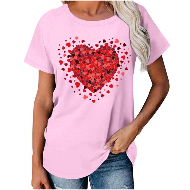 hoksml Womens Valentine's Day Tops Short Sleeve Heart Printed Shirts