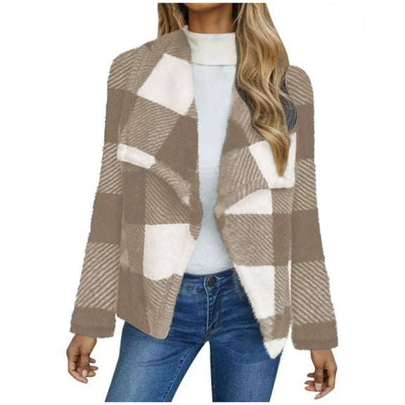 hoksml Womens Winter Double-sided Fleece Plaid Cropped Coats Long Sleeved Collared Jacket Cardigan Overcoat Top