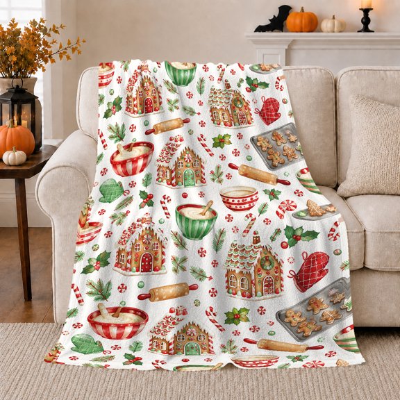 holiday cottage with decorative motif Bowls and decorative motif, Sweet Kitchen Pattern Cozy Flannel Blanket, Cheerful Holiday Art for decorative motif Lovers