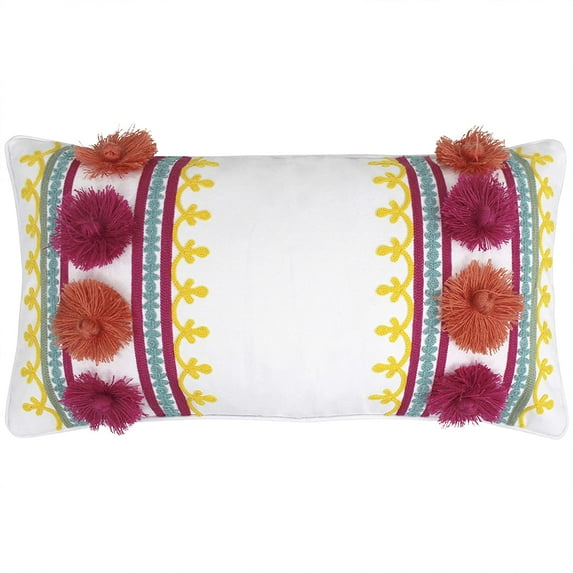 homThreads - Leora - Decorative Pillow (12 x 24in.) - Pom Pom - Red, Orange, Teal, Yellow, Pink, White