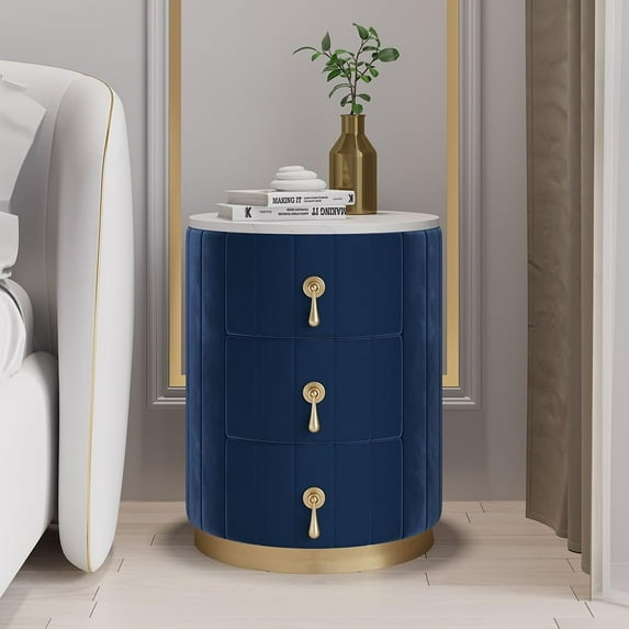 homary Blue Velvet Nightstand with Storage, Round Bedside Table with 3 Drawers, Stone Top Night Table for Bedroom, End Tables for Living Room