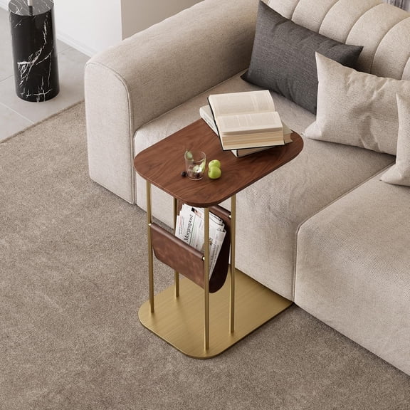 homary C-Shaped Side Table, 360 Rotating End Table with Storage, Walnut & Gold Sofa Table with Magazine Rack, Space-Saving Table for Living Room & Bedroom (Walnut)
