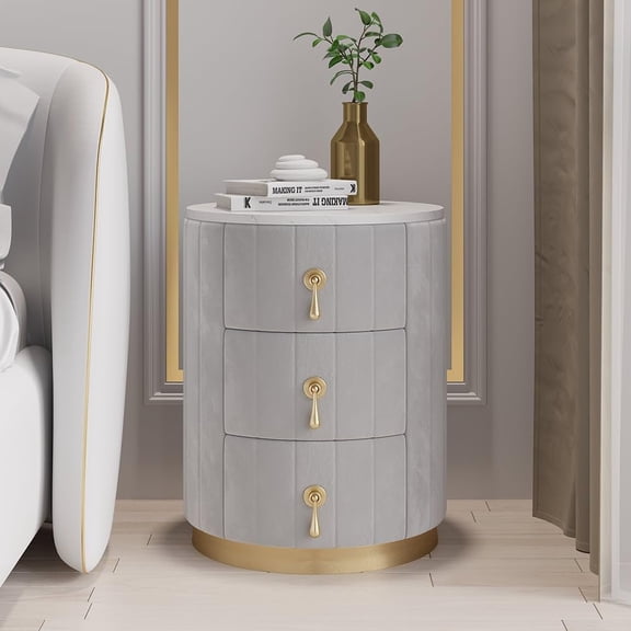homary Gray Velvet Nightstand with Storage, Round Bedside Table with 3 Drawers, Stone Top Night Table for Bedroom, End Tables for Living Room