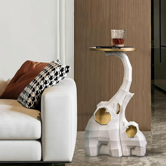 homary Modern End Table with Tray Top Decor Nightstand Elephant Shape Side Table White & Gold (White)