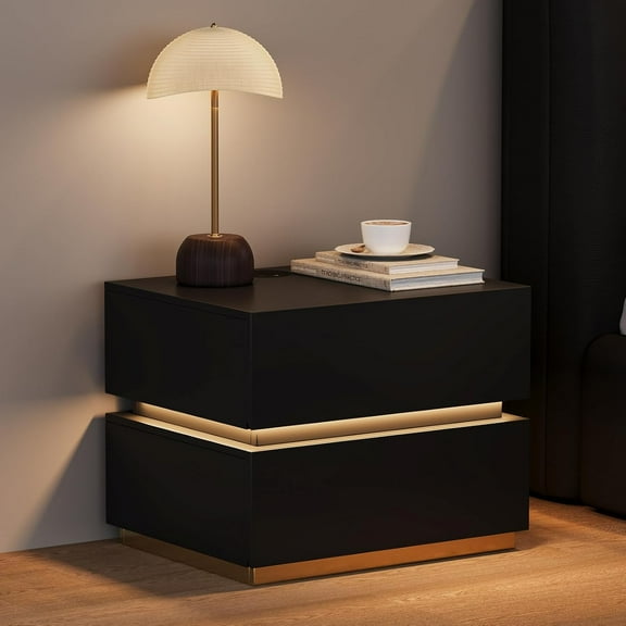 homary Smart Nightstand with Wireless Charging Station, USB & Type-C Ports, LED Light – Modern White Bedside Table for Bedroom Storage (Black, 2 Drawers)
