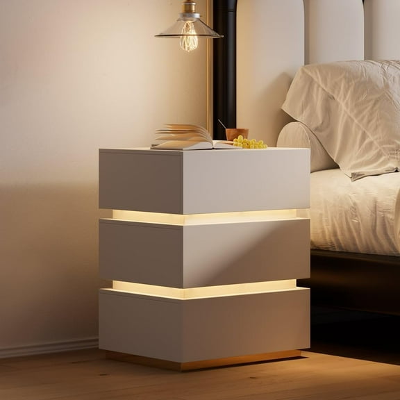 homary Smart Nightstand with Wireless Charging Station, Modern Bedside Table with 3 Drawers, White Night Stand with LED Light White