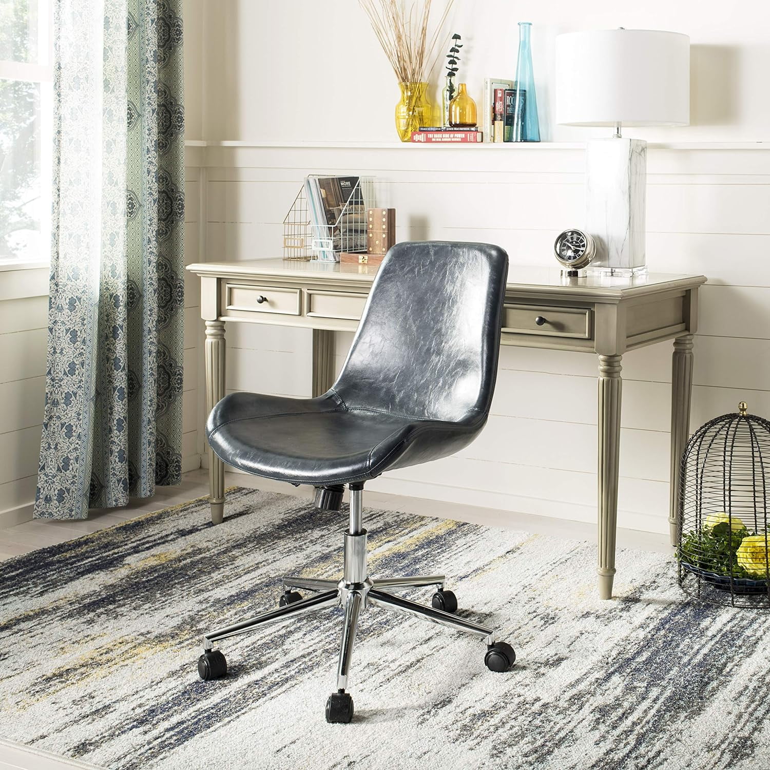 Transitional Dark Grey Faux Leather Chrome Swivel Desk Chair