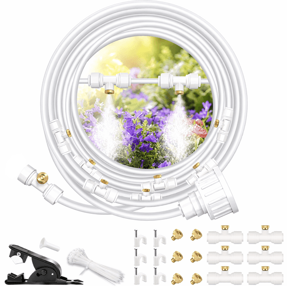 Misting Cooling System, 101FT (31M) Misting Line + 30Brass Mist Nozzles + Brass Adapter(3/4") Misters for Outside Patio Cooling Garden Greenhouse Watering