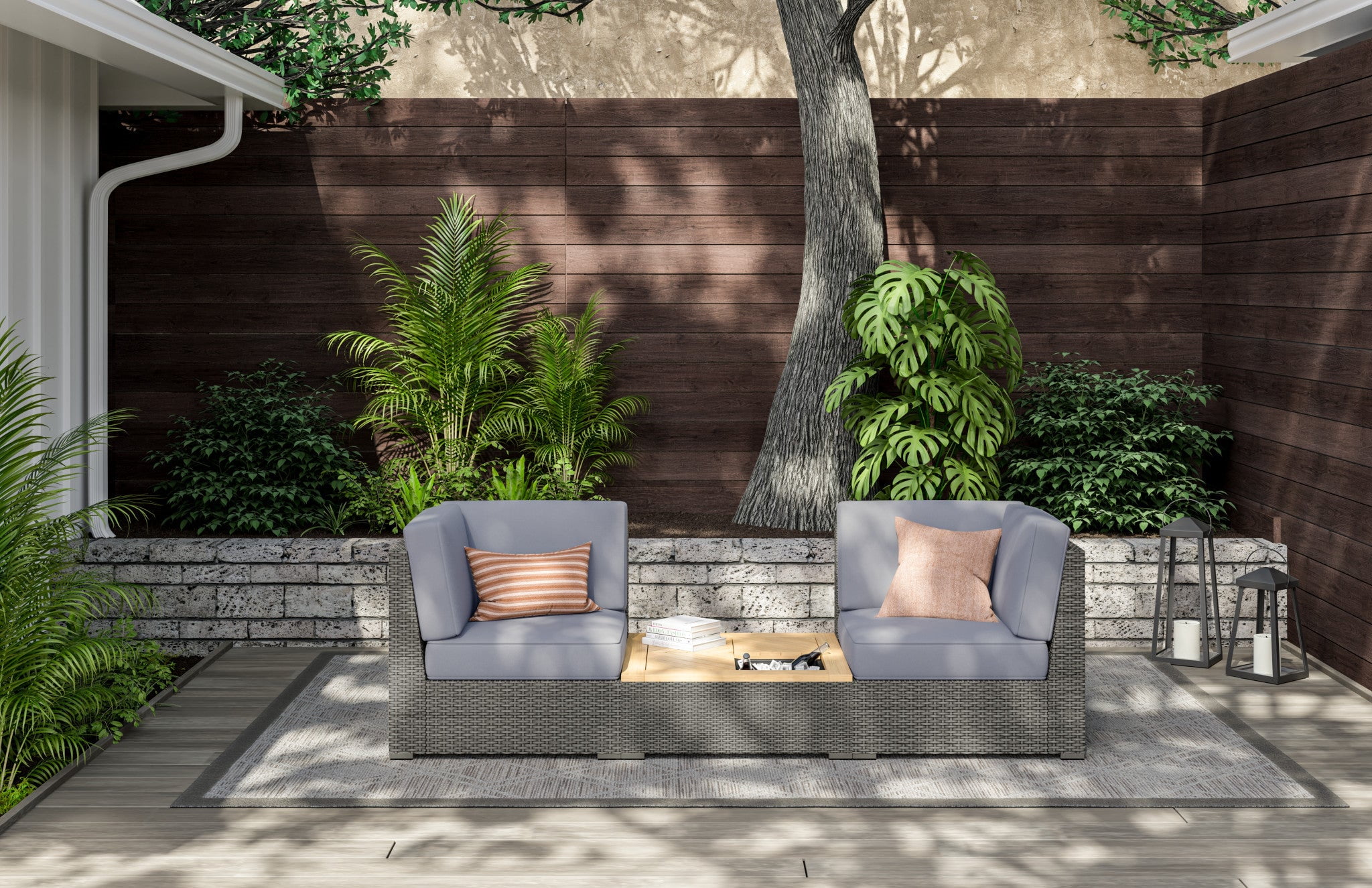 homestyles Boca Raton Brown Rattan Outdoor Chair Pair and Coffee Table
