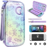 homicozy Carrying Case for Nintendo Switch OLED,Switch Accessories Set with Cute Mermaid Case,Soft TPU Cover, Screen Protector,Adjustable Strap,Thumb Grip Caps, Christmas Gift (Purple Mermaid)