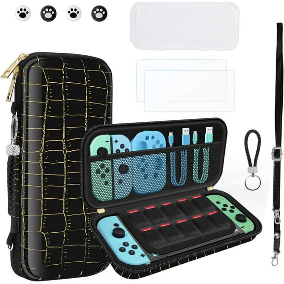 homicozy Carrying Case for Nintendo Switch OLED,Switch Accessories Set with Cute Protective Case,Soft TPU Cover, Screen Protector,Adjustable Strap,Thumb Grip Caps (Black Crocodile)