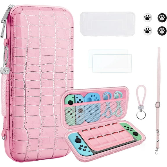 homicozy Carrying Case for Nintendo Switch OLED,Switch Accessories Set with Cute Protective Case,Soft TPU Cover, Screen Protector,Adjustable Strap,Thumb Grip Caps (Pink Crocodile)