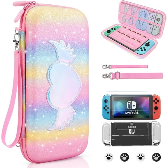 homicozy Carrying Case for Nintendo Switch OLED, Switch Accessories Set with Glitter Hard Travel Case,Soft TPU Cover, Screen Protector,Adjustable Strap,Thumb Grip Caps, Christmas Gift(Rainbow Heart)