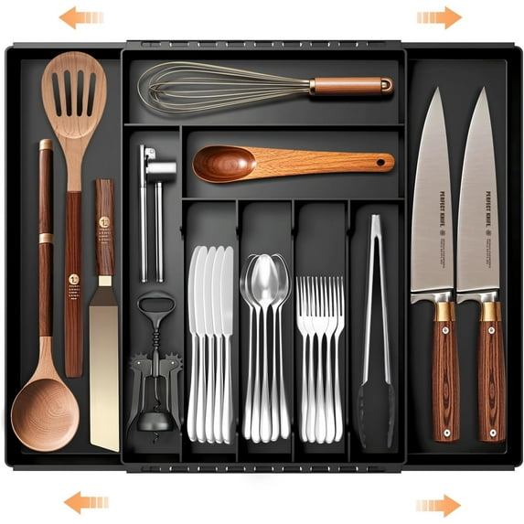 homicozy Cutlery Drawer Organiser, 9 Divider Expandable Kitchen Drawer Organiser, Adjustable Utensil Tray and Silverware , Multi-Function Compact Drawer Storage(Black-M)