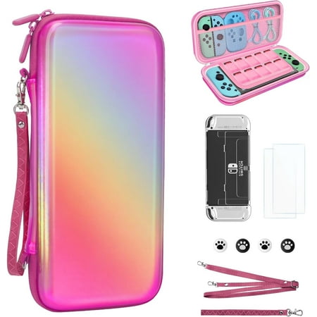homicozy Nintendo Switch Accessories-Hard Protective Carry Case for Switch OLED witch 10 Game Card Slot,Soft TPU Cover, Screen Protector,Adjustable Strap,Thumb Grip Caps (Laser Pink)