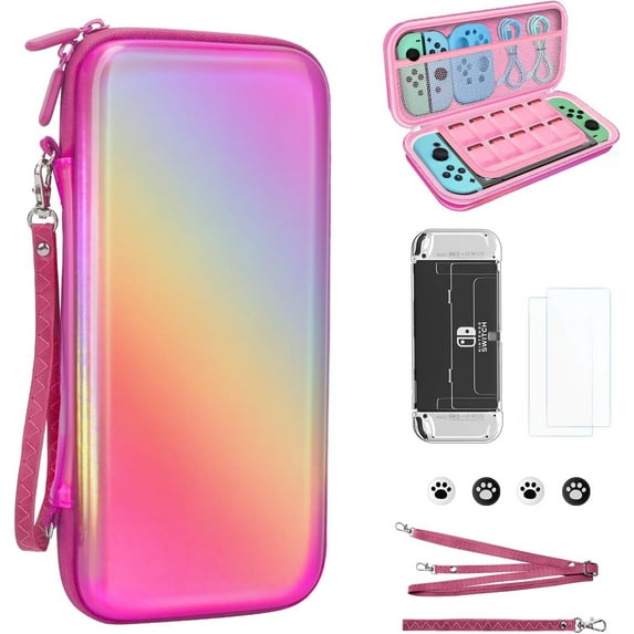 homicozy Nintendo Switch Accessories-Hard Protective Carry Case for Switch OLED witch 10 Game Card Slot,Soft TPU Cover, Screen Protector,Adjustable Strap,Thumb Grip Caps (Laser Pink)