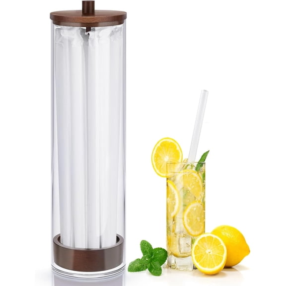 JYPS 13-Inch Acrylic Straw Dispenser with Bamboo Lid with 100 Colorful Straws,Transparent Counter Container Countertop Organizer for Kitchen,Office,Cabinet Storage, Holds Pencils, Cutlery(Dark brown)