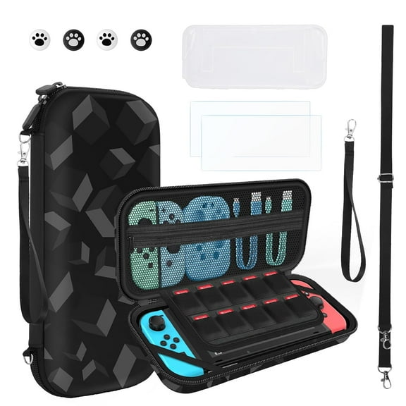 homicozy Switch Carrying Case fits Switch OLED - Hard Protective Travel Carry Case witch 10 Game Card Slot,Soft TPU Cover, Screen Protector,Adjustable Strap,Thumb Grip Caps (Black)