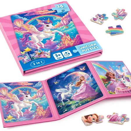 homicozy Unicorn Magnetic Puzzles for Kids,36pcs Travel Puzzles for Kids Ages 3-8,Girls Puzzle for Improve Intelligence,Toddler Jigsaw Puzzles,Airplane Activities for Kids Birthday Gifts