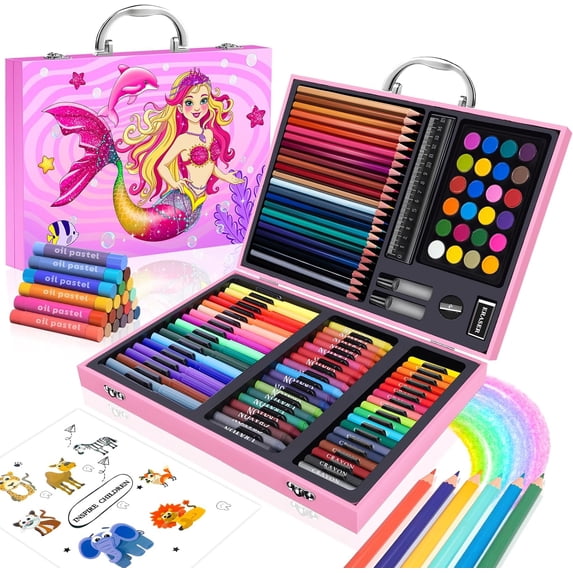 homicozy Art Supplies Kit for Kids Ages 4-12,Mermaid Art Case Coloring Set,Drawing Kits with Markers, Crayons, Colored Pencils,Oil Pastels,Coloring Book,School Supplies,Gift for Kids Artist Age 4+