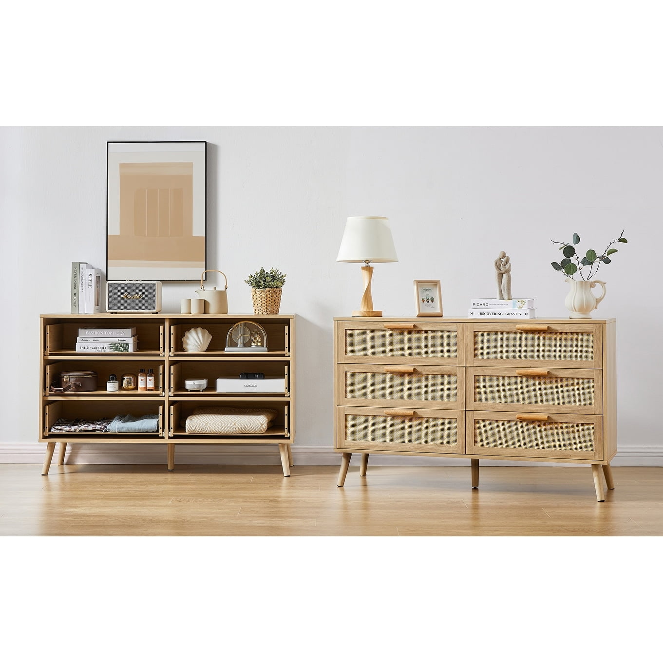 Natural Wood Double Dresser with Rattan Drawers