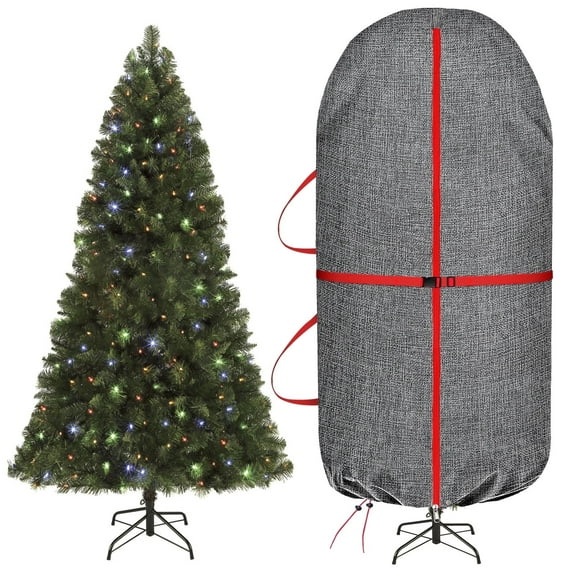 homyfort Upright Christmas Tree Storage Bag –  Christmas Tree Cover Bag with Adjustable Straps,7.5FT Xmas Tree Cover Durable for up to Artificial Tree, Waterproof, Dustproof(Gray and Red）