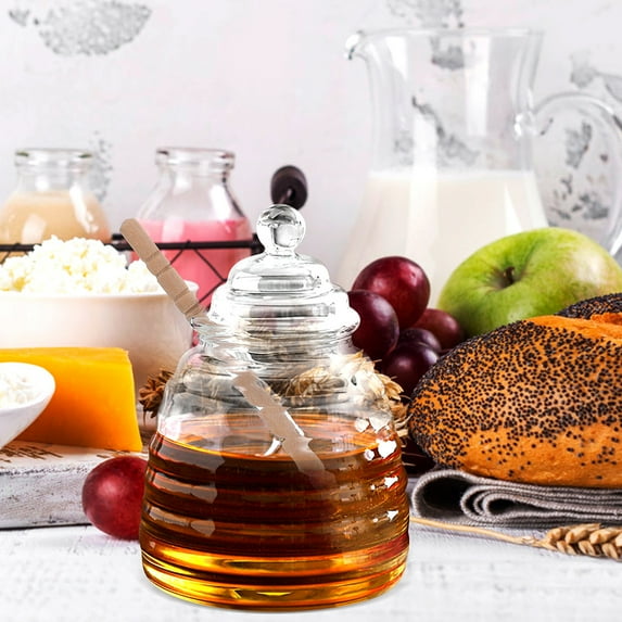honey jar Glass Honey Jar with Dipper and Lid - Food Storage Canister (5.24X3.94X3.94Inch)