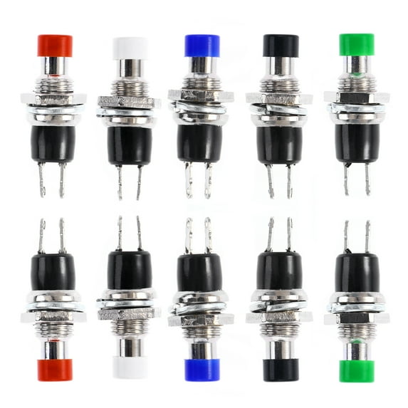 hongheyi 12Pcs 7MM Mounting Hole 1A 250V 2 OFF/ON Thread SPST Momentary Latching Mini Push Button Switch (Red, Green, Yellow, Blue, White, Black)