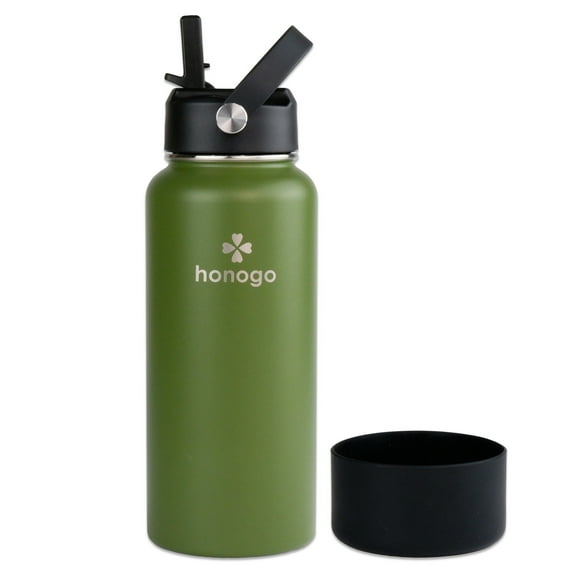 honogo 32 oz Stainless Steel Vacuum Insulated Sports Water Bottle, Wide Mouth Thermo Water Flask With Flex Straw Lid, Leak Proof, BPA Free, Army Green