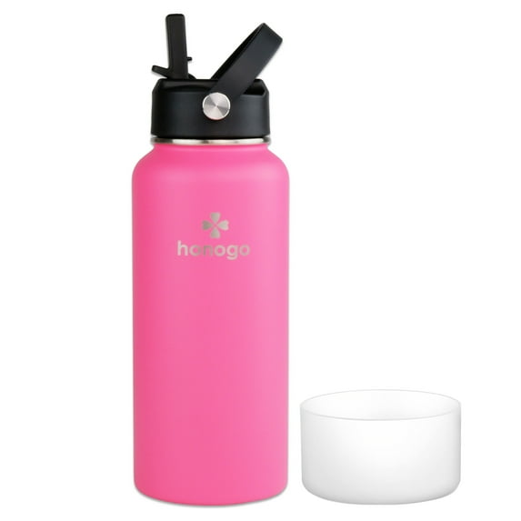 honogo 32 oz Stainless Steel Vacuum Insulated Sports Water Bottle, Wide Mouth Thermo Water Flask With Flex Straw Lid, Leak Proof, BPA Free, Pink