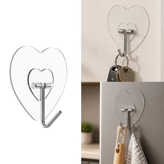 hooks for walls no damage, 10 Pcs Adhesive Hooks for Hanging, Transparent Heart Shape Sticky Hook for Towels and Keys, No Nail Utility Ceiling Hooks