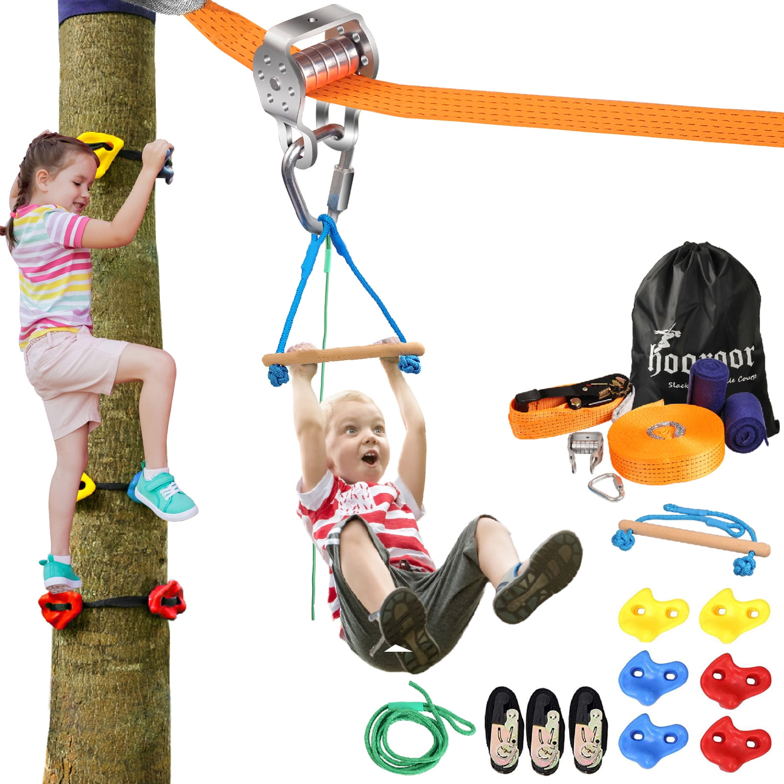 hooroor Slackline Pulley with 52FT Zip Line, Monkey Bar, Tree Climbing HoldsNinja Warrior