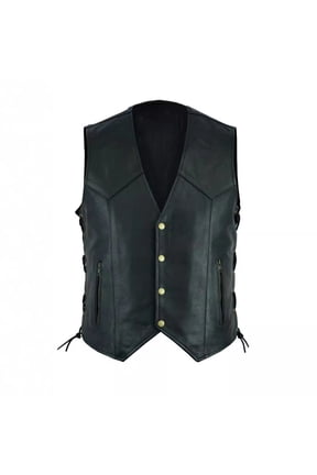 hopeusince Men's Black Genuine Leather Vest Waistcoat Biker Side Lace Up Slim Fit Vintage Cowboy Style Vests Outwear with 4 Snap Closure Pockets Black M