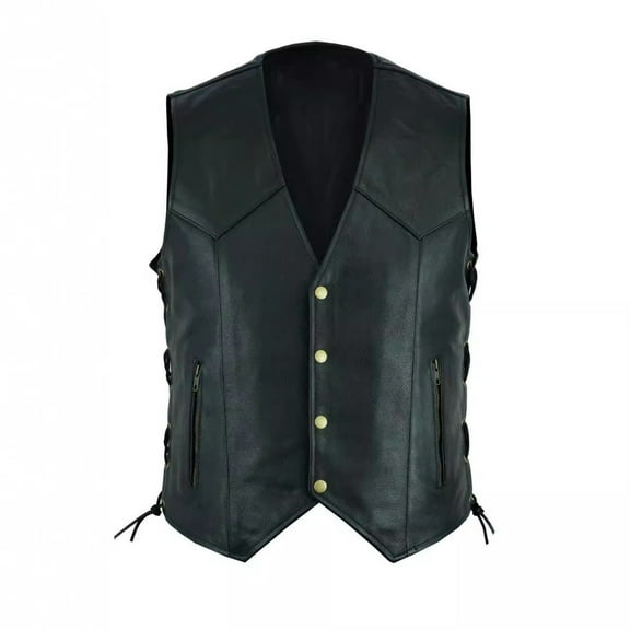 hopeusince Men's Black Genuine Leather Vest Waistcoat Biker Side Lace Up Slim Fit Vintage Cowboy Style Vests Outwear with 4 Snap Closure Pockets Black XL