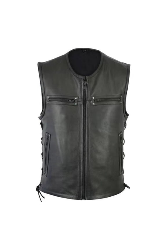 hopeusince Men's Black Genuine Leather Vest Waistcoat Biker Side Lace Up Slim Fit Vintage Cowboy Style Vests Outwear with 4 Snap Closure Pockets Black XXXL