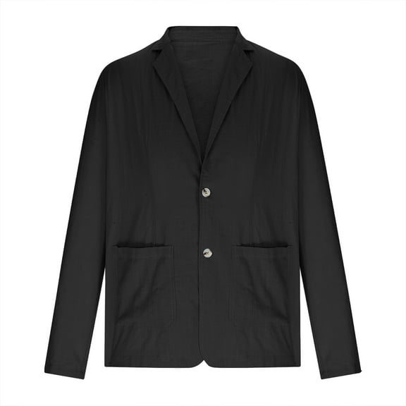 hopeusince Men's Blazer Washed Cotton Linen Suit Jacket Slim Fit One Button Pockets Business Coats Black L
