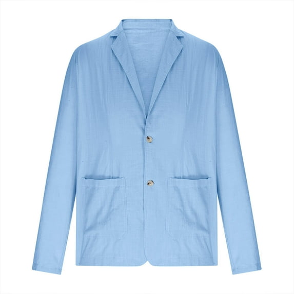 hopeusince Men's Blazer Washed Cotton Linen Suit Jacket Slim Fit One Button Pockets Business Coats Sky Blue L