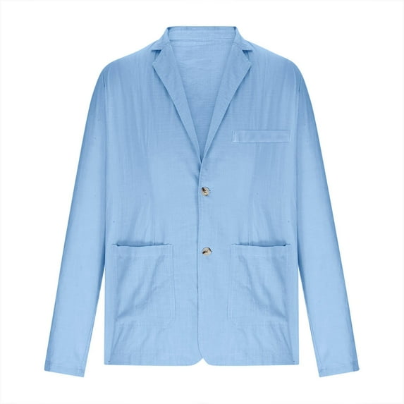 hopeusince Men's Blazer Washed Cotton Linen Suit Jacket Slim Fit One Button Pockets Business Coats Sky Blue XL