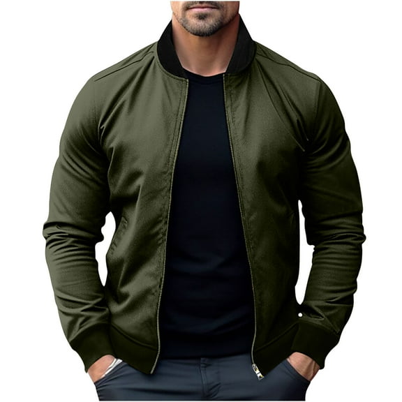 hopeusince Men's Bomber Jacket Spring Fall Baseball Collar Slim Fit Zipper Closure Plain Coats Army Green L