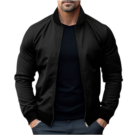 hopeusince Men's Bomber Jacket Spring Fall Baseball Collar Slim Fit Zipper Closure Plain Coats Black L