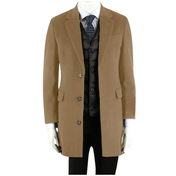 hopeusince Men's Classic Notch Lapel Long Sleeve Wool Overcoat Business Warm Winter Coat with Vest Khaki L