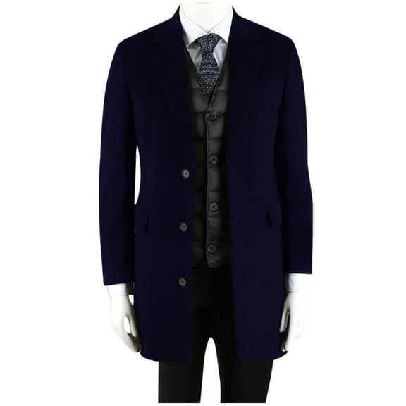 hopeusince Men's Classic Notch Lapel Long Sleeve Wool Overcoat Business Warm Winter Coat with Vest Navy L