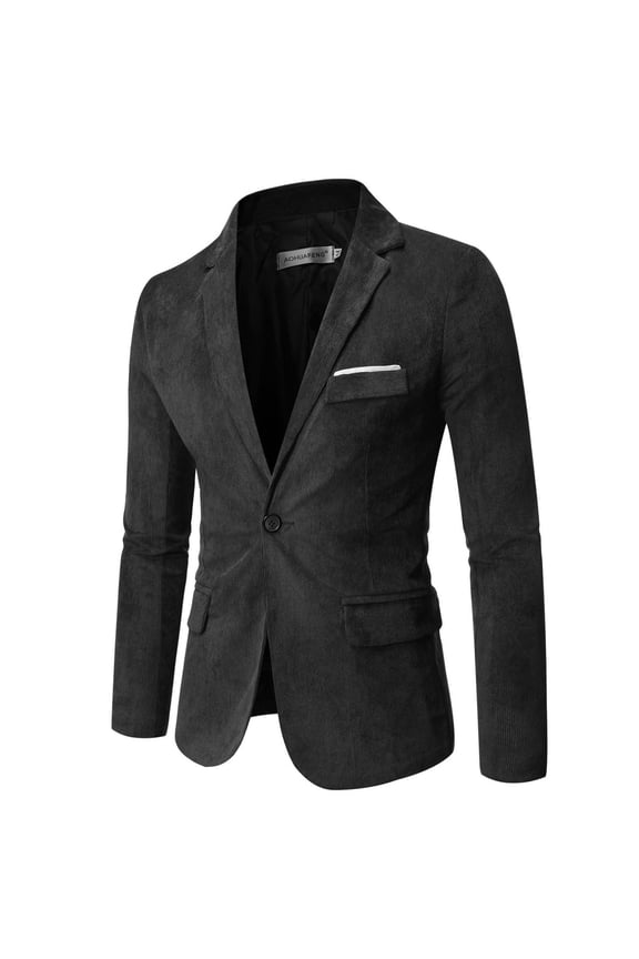 hopeusince Men's Corduroy Blazer Slim Fit One Button Suit Jacket Business Work Office Sport Coats with Pocket Black L