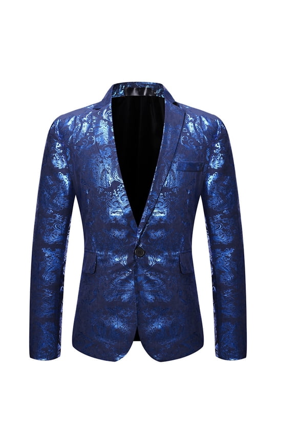 hopeusince Men's Floral Print Suit Blazer One Button Slim Fit Jacket Blue S