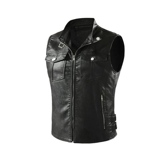 hopeusince Men's Genuine Cowhide Leather Vest Classic Biker Style Sleeveless Waistcoat with Snap Buttons Side Zipper Pockets Black XL